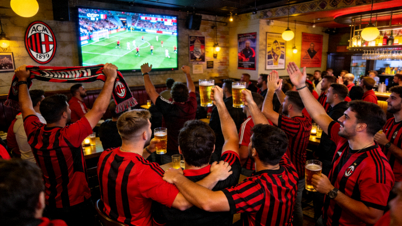 众多球迷在酒吧通过大屏幕观看AC米兰足球比赛直播的热闹场景